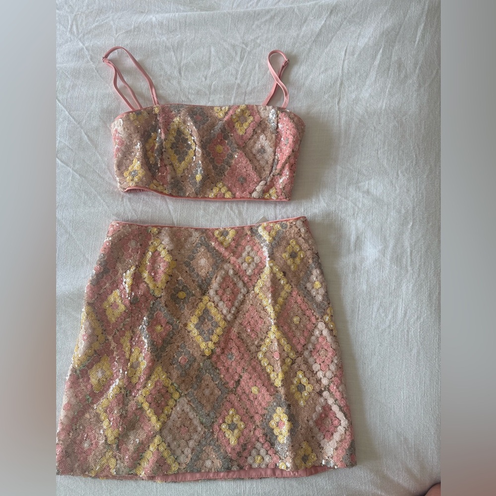 Never Worn Caroline Constas Pink and Gold Mini Skirt Set